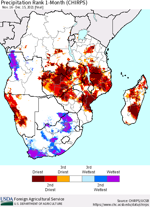 Southern Africa Precipitation Rank since 1981, 1-Month (CHIRPS) Thematic Map For 11/16/2021 - 12/15/2021