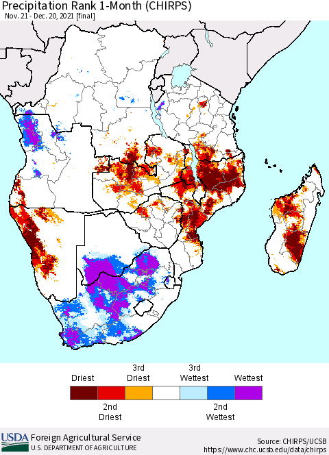 Southern Africa Precipitation Rank since 1981, 1-Month (CHIRPS) Thematic Map For 11/21/2021 - 12/20/2021