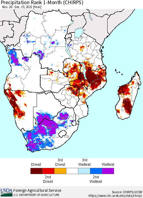 Southern Africa Precipitation Rank since 1981, 1-Month (CHIRPS) Thematic Map For 11/26/2021 - 12/25/2021