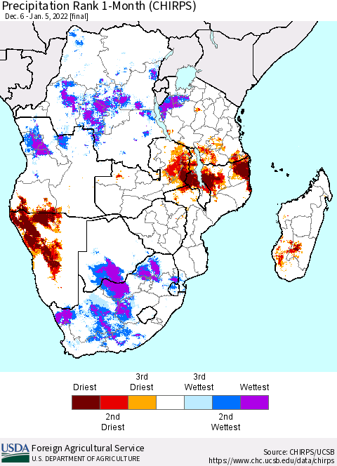 Southern Africa Precipitation Rank since 1981, 1-Month (CHIRPS) Thematic Map For 12/6/2021 - 1/5/2022