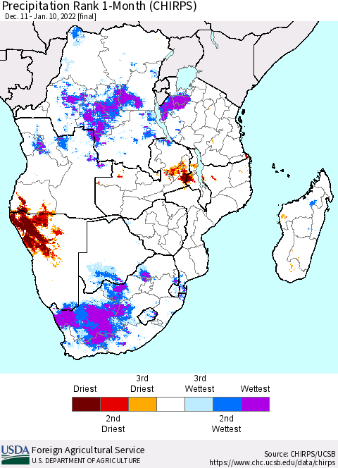 Southern Africa Precipitation Rank since 1981, 1-Month (CHIRPS) Thematic Map For 12/11/2021 - 1/10/2022