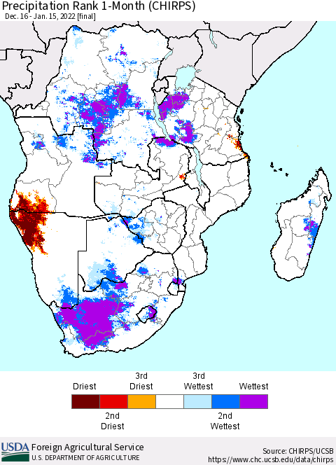 Southern Africa Precipitation Rank since 1981, 1-Month (CHIRPS) Thematic Map For 12/16/2021 - 1/15/2022