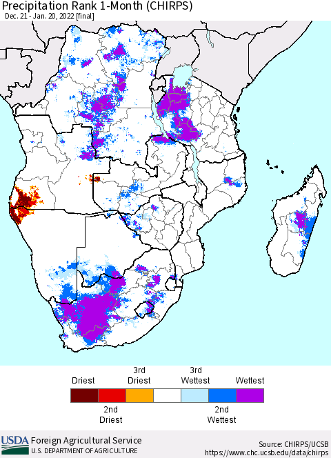 Southern Africa Precipitation Rank since 1981, 1-Month (CHIRPS) Thematic Map For 12/21/2021 - 1/20/2022