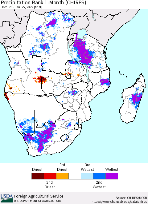 Southern Africa Precipitation Rank since 1981, 1-Month (CHIRPS) Thematic Map For 12/26/2021 - 1/25/2022