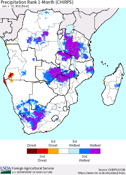 Southern Africa Precipitation Rank since 1981, 1-Month (CHIRPS) Thematic Map For 1/1/2022 - 1/31/2022