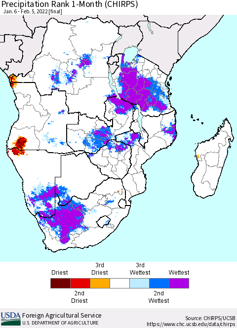 Southern Africa Precipitation Rank since 1981, 1-Month (CHIRPS) Thematic Map For 1/6/2022 - 2/5/2022
