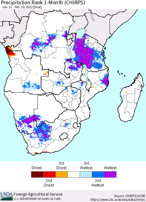 Southern Africa Precipitation Rank since 1981, 1-Month (CHIRPS) Thematic Map For 1/11/2022 - 2/10/2022