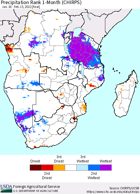 Southern Africa Precipitation Rank since 1981, 1-Month (CHIRPS) Thematic Map For 1/16/2022 - 2/15/2022
