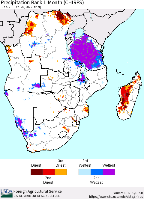 Southern Africa Precipitation Rank since 1981, 1-Month (CHIRPS) Thematic Map For 1/21/2022 - 2/20/2022