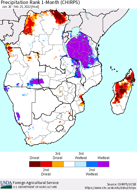 Southern Africa Precipitation Rank since 1981, 1-Month (CHIRPS) Thematic Map For 1/26/2022 - 2/25/2022