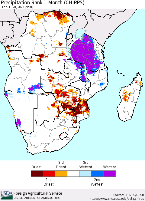 Southern Africa Precipitation Rank since 1981, 1-Month (CHIRPS) Thematic Map For 2/1/2022 - 2/28/2022