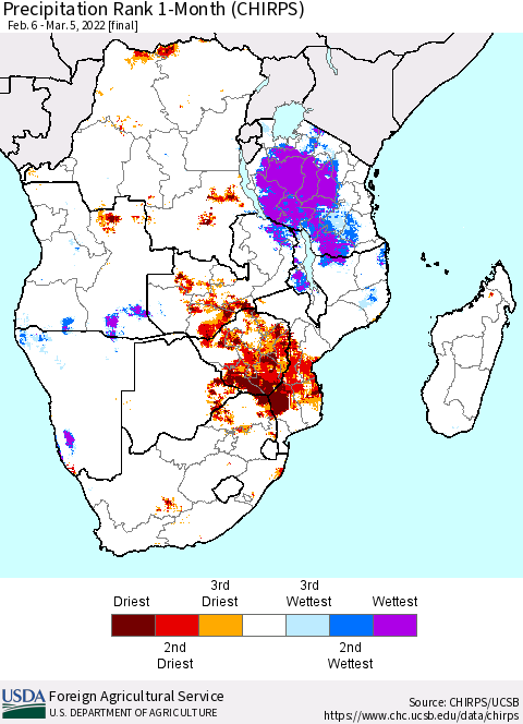 Southern Africa Precipitation Rank since 1981, 1-Month (CHIRPS) Thematic Map For 2/6/2022 - 3/5/2022