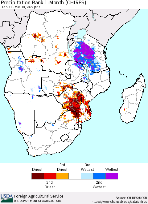 Southern Africa Precipitation Rank since 1981, 1-Month (CHIRPS) Thematic Map For 2/11/2022 - 3/10/2022