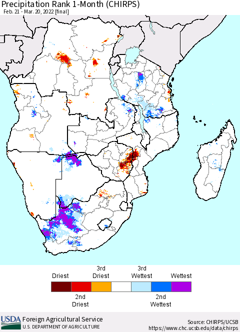 Southern Africa Precipitation Rank since 1981, 1-Month (CHIRPS) Thematic Map For 2/21/2022 - 3/20/2022