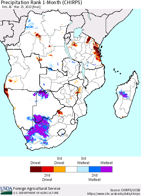 Southern Africa Precipitation Rank since 1981, 1-Month (CHIRPS) Thematic Map For 2/26/2022 - 3/25/2022