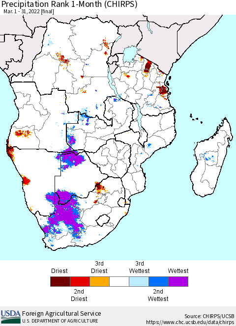 Southern Africa Precipitation Rank since 1981, 1-Month (CHIRPS) Thematic Map For 3/1/2022 - 3/31/2022