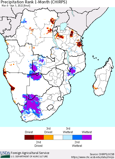 Southern Africa Precipitation Rank since 1981, 1-Month (CHIRPS) Thematic Map For 3/6/2022 - 4/5/2022