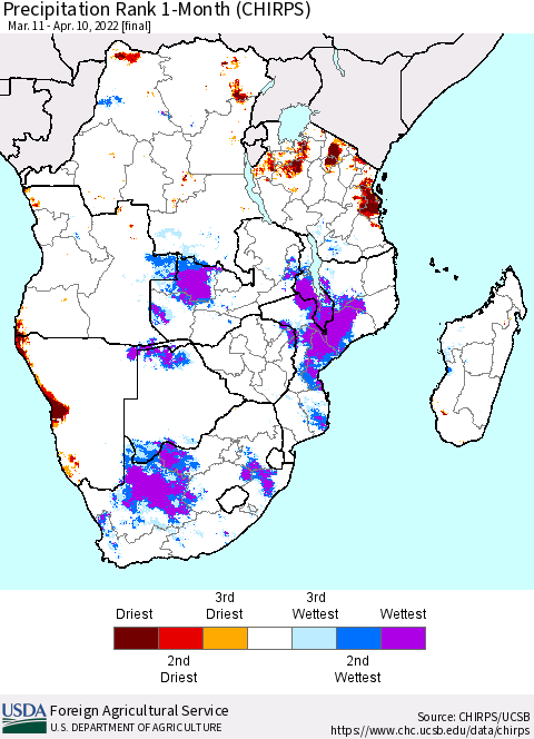 Southern Africa Precipitation Rank since 1981, 1-Month (CHIRPS) Thematic Map For 3/11/2022 - 4/10/2022