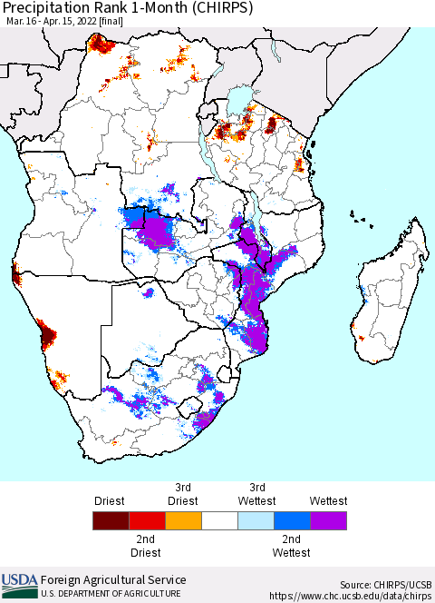 Southern Africa Precipitation Rank since 1981, 1-Month (CHIRPS) Thematic Map For 3/16/2022 - 4/15/2022