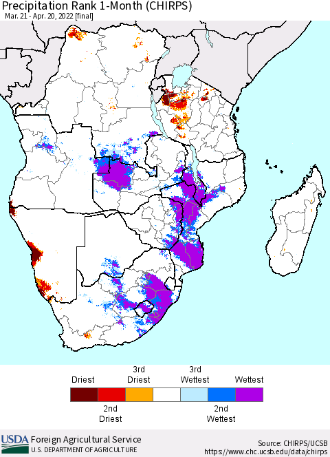 Southern Africa Precipitation Rank since 1981, 1-Month (CHIRPS) Thematic Map For 3/21/2022 - 4/20/2022