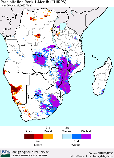 Southern Africa Precipitation Rank since 1981, 1-Month (CHIRPS) Thematic Map For 3/26/2022 - 4/25/2022