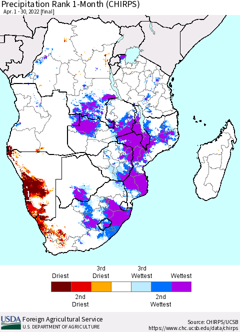 Southern Africa Precipitation Rank since 1981, 1-Month (CHIRPS) Thematic Map For 4/1/2022 - 4/30/2022