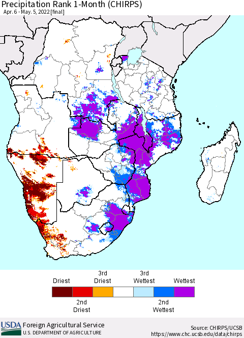 Southern Africa Precipitation Rank since 1981, 1-Month (CHIRPS) Thematic Map For 4/6/2022 - 5/5/2022