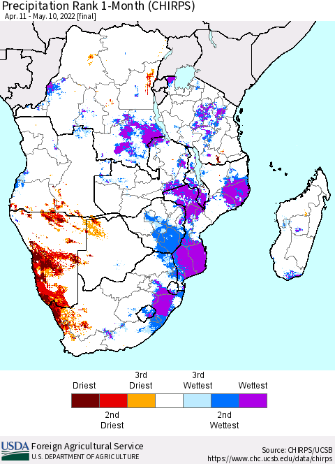 Southern Africa Precipitation Rank since 1981, 1-Month (CHIRPS) Thematic Map For 4/11/2022 - 5/10/2022