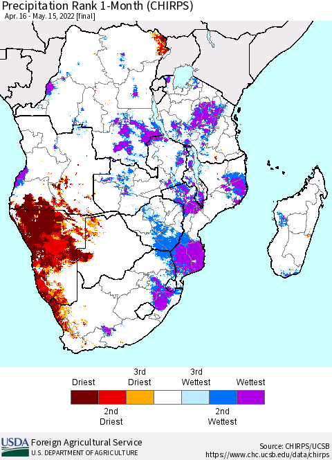 Southern Africa Precipitation Rank since 1981, 1-Month (CHIRPS) Thematic Map For 4/16/2022 - 5/15/2022
