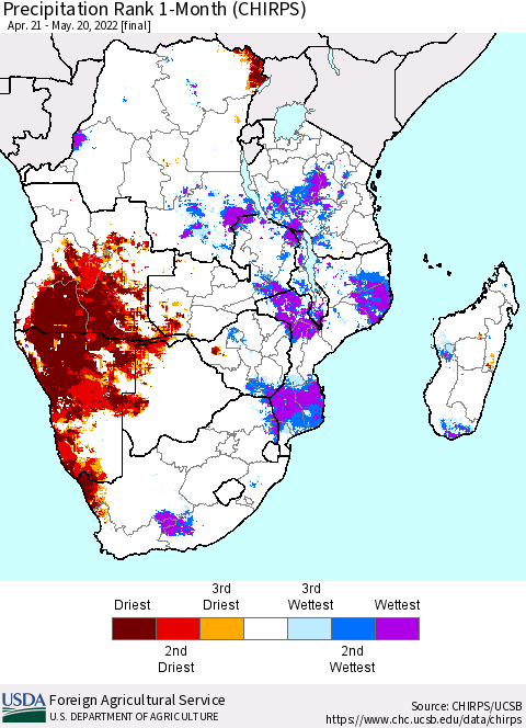 Southern Africa Precipitation Rank since 1981, 1-Month (CHIRPS) Thematic Map For 4/21/2022 - 5/20/2022