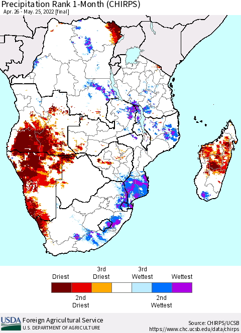 Southern Africa Precipitation Rank since 1981, 1-Month (CHIRPS) Thematic Map For 4/26/2022 - 5/25/2022