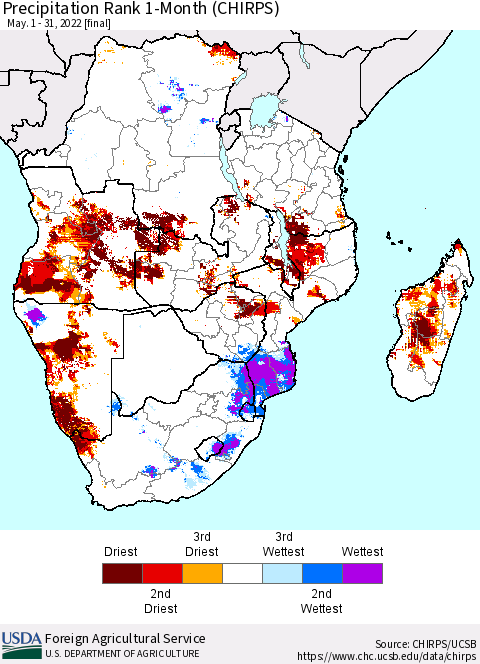 Southern Africa Precipitation Rank since 1981, 1-Month (CHIRPS) Thematic Map For 5/1/2022 - 5/31/2022