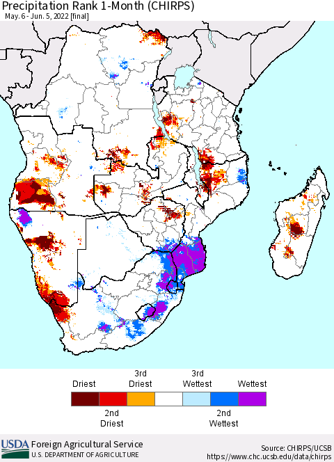 Southern Africa Precipitation Rank since 1981, 1-Month (CHIRPS) Thematic Map For 5/6/2022 - 6/5/2022