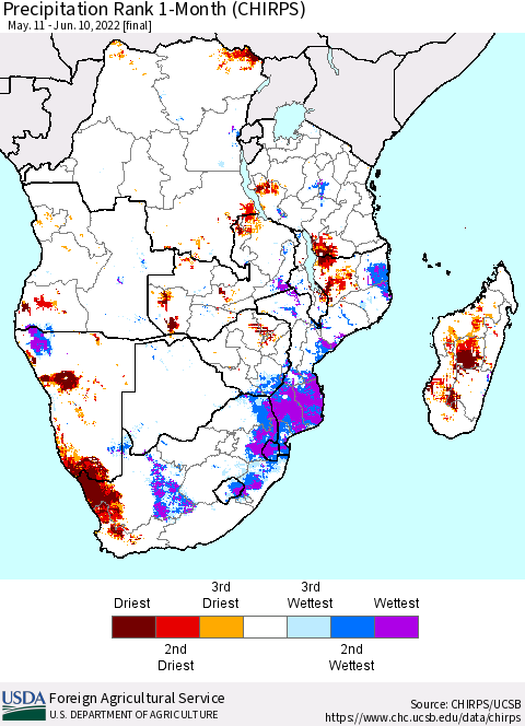Southern Africa Precipitation Rank since 1981, 1-Month (CHIRPS) Thematic Map For 5/11/2022 - 6/10/2022