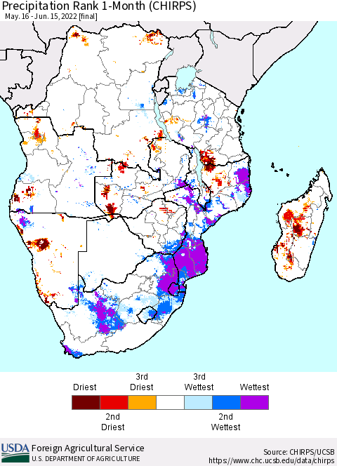 Southern Africa Precipitation Rank since 1981, 1-Month (CHIRPS) Thematic Map For 5/16/2022 - 6/15/2022