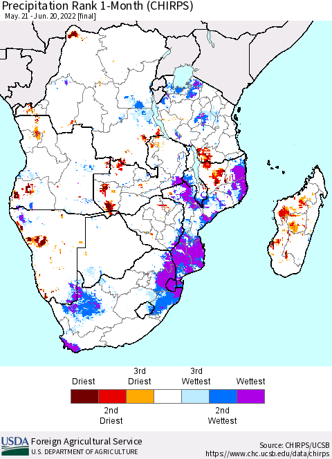 Southern Africa Precipitation Rank since 1981, 1-Month (CHIRPS) Thematic Map For 5/21/2022 - 6/20/2022