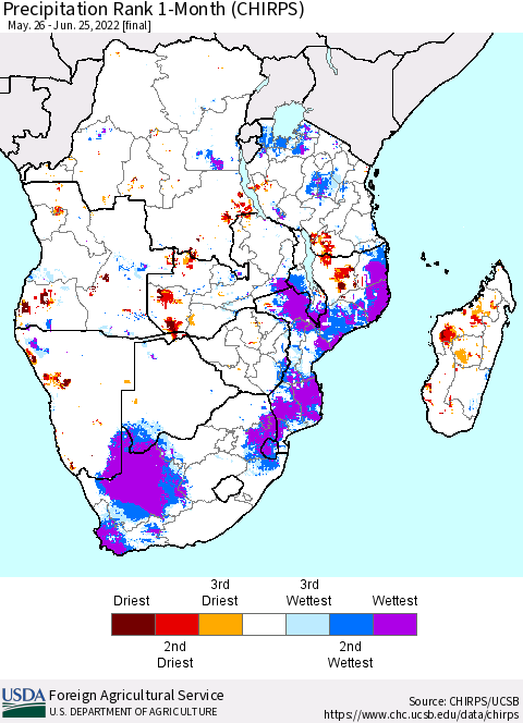 Southern Africa Precipitation Rank since 1981, 1-Month (CHIRPS) Thematic Map For 5/26/2022 - 6/25/2022
