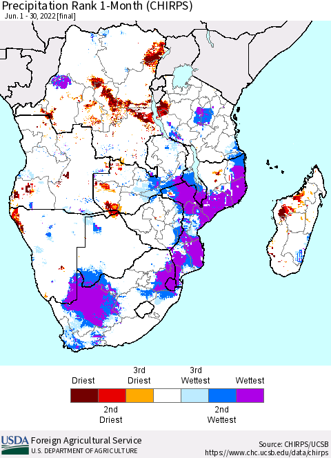 Southern Africa Precipitation Rank since 1981, 1-Month (CHIRPS) Thematic Map For 6/1/2022 - 6/30/2022