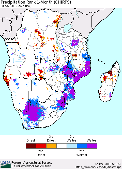Southern Africa Precipitation Rank since 1981, 1-Month (CHIRPS) Thematic Map For 6/6/2022 - 7/5/2022