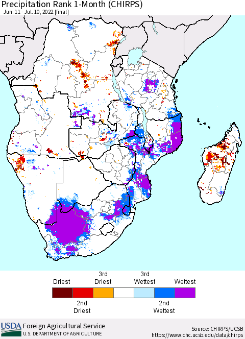 Southern Africa Precipitation Rank since 1981, 1-Month (CHIRPS) Thematic Map For 6/11/2022 - 7/10/2022