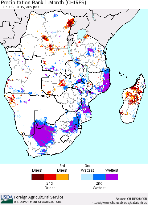Southern Africa Precipitation Rank since 1981, 1-Month (CHIRPS) Thematic Map For 6/16/2022 - 7/15/2022