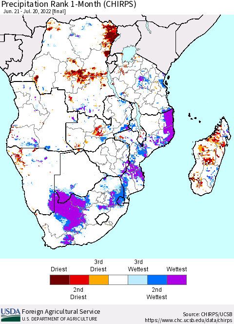 Southern Africa Precipitation Rank since 1981, 1-Month (CHIRPS) Thematic Map For 6/21/2022 - 7/20/2022