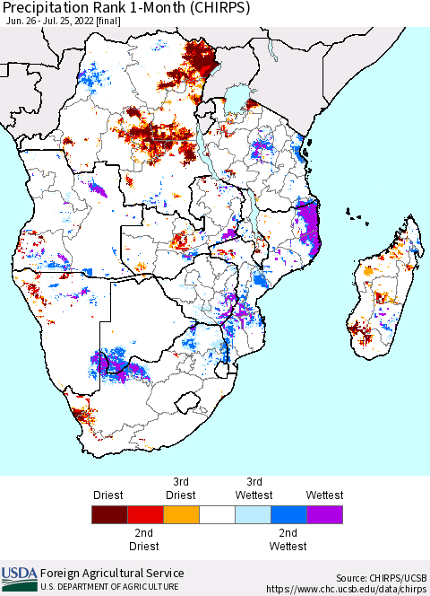 Southern Africa Precipitation Rank since 1981, 1-Month (CHIRPS) Thematic Map For 6/26/2022 - 7/25/2022