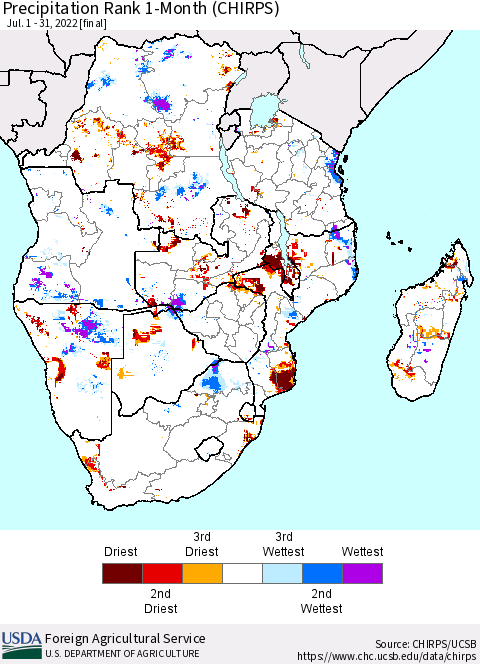 Southern Africa Precipitation Rank since 1981, 1-Month (CHIRPS) Thematic Map For 7/1/2022 - 7/31/2022