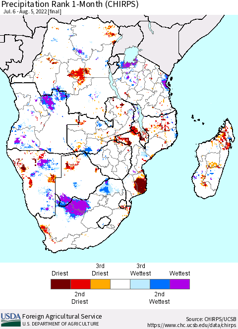 Southern Africa Precipitation Rank since 1981, 1-Month (CHIRPS) Thematic Map For 7/6/2022 - 8/5/2022