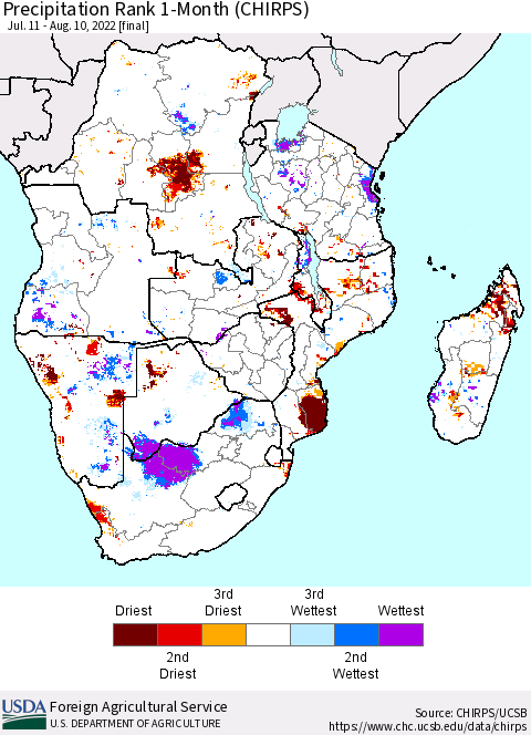 Southern Africa Precipitation Rank since 1981, 1-Month (CHIRPS) Thematic Map For 7/11/2022 - 8/10/2022