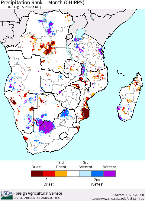 Southern Africa Precipitation Rank since 1981, 1-Month (CHIRPS) Thematic Map For 7/16/2022 - 8/15/2022