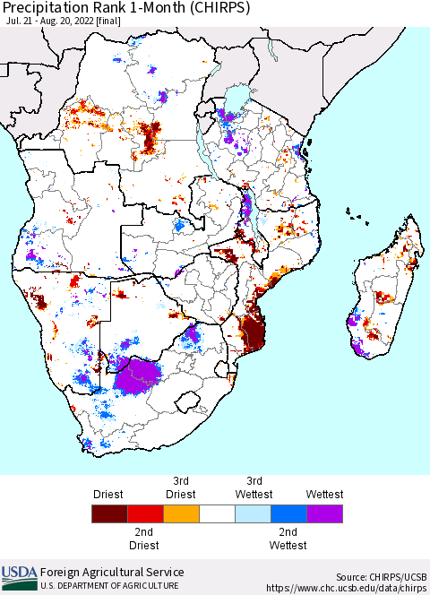 Southern Africa Precipitation Rank since 1981, 1-Month (CHIRPS) Thematic Map For 7/21/2022 - 8/20/2022