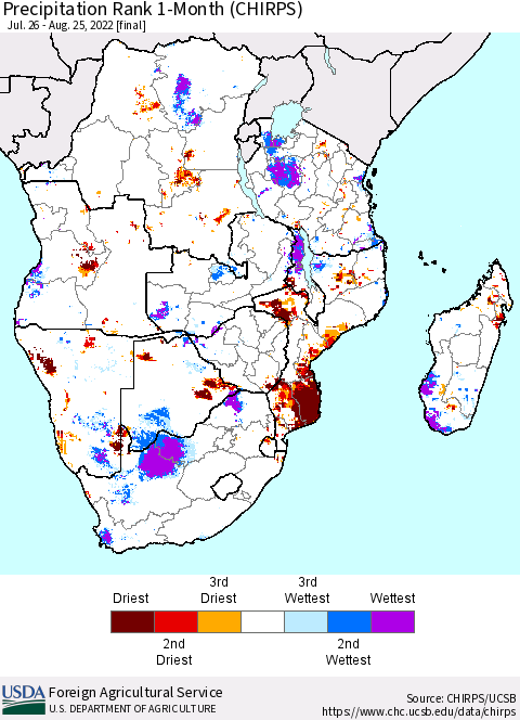 Southern Africa Precipitation Rank since 1981, 1-Month (CHIRPS) Thematic Map For 7/26/2022 - 8/25/2022
