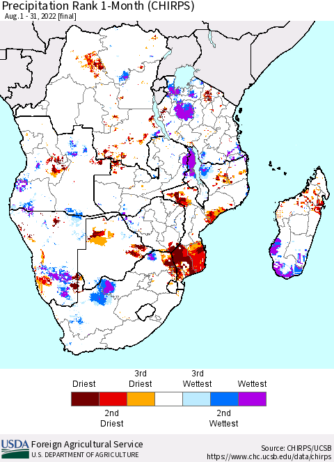 Southern Africa Precipitation Rank since 1981, 1-Month (CHIRPS) Thematic Map For 8/1/2022 - 8/31/2022